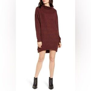 LUSH Rib Funnel Neck Burgundy Mini Sweater Dress